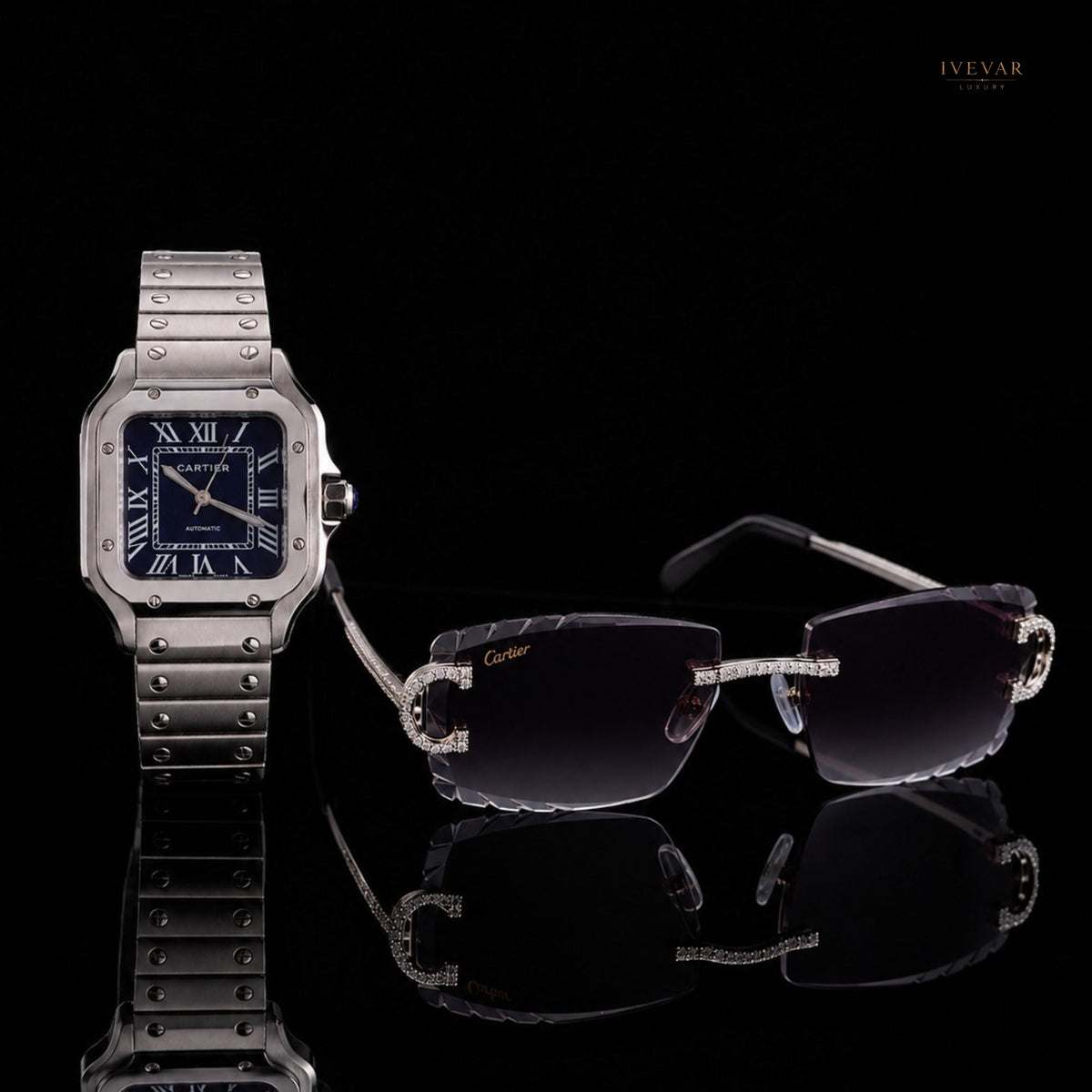 royal prestige set – blue dial luxury watch and crystal-accent sunglasses by ivevar