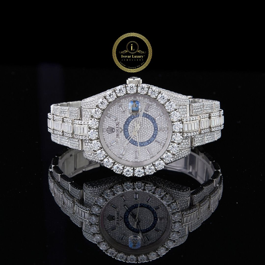 Full Iced Out Diamond Watch with Baguette Links Big Date & 24-Hour Dial