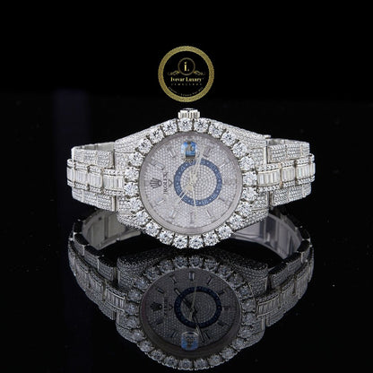 Full Iced Out Diamond Watch with Baguette Links Big Date & 24-Hour Dial