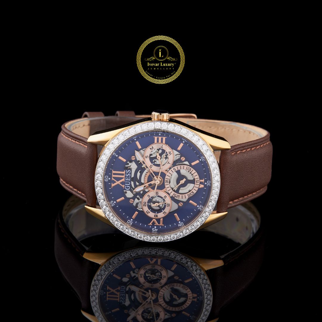 round diamond bezel multi-function brown leather wrist watch