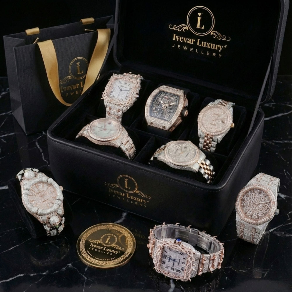 green sunburst dial diamond bezel watch with pave bracelet white gold finish