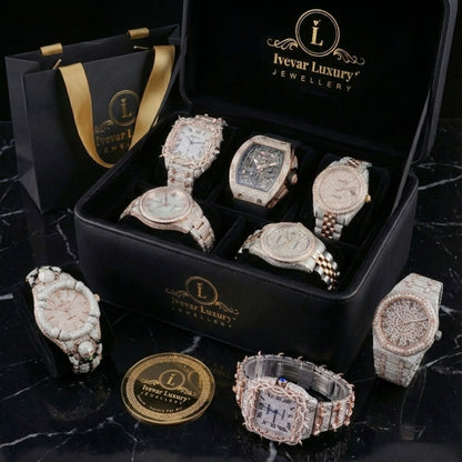 Green Sunburst Dial Diamond Bezel Watch with Pave Bracelet White Gold Finish