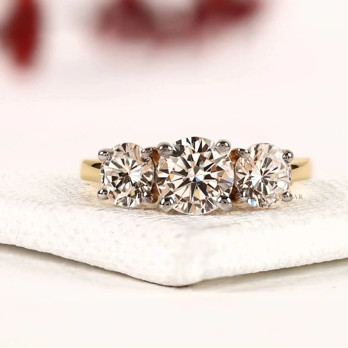 three stone round cut lab diamond engagement ring