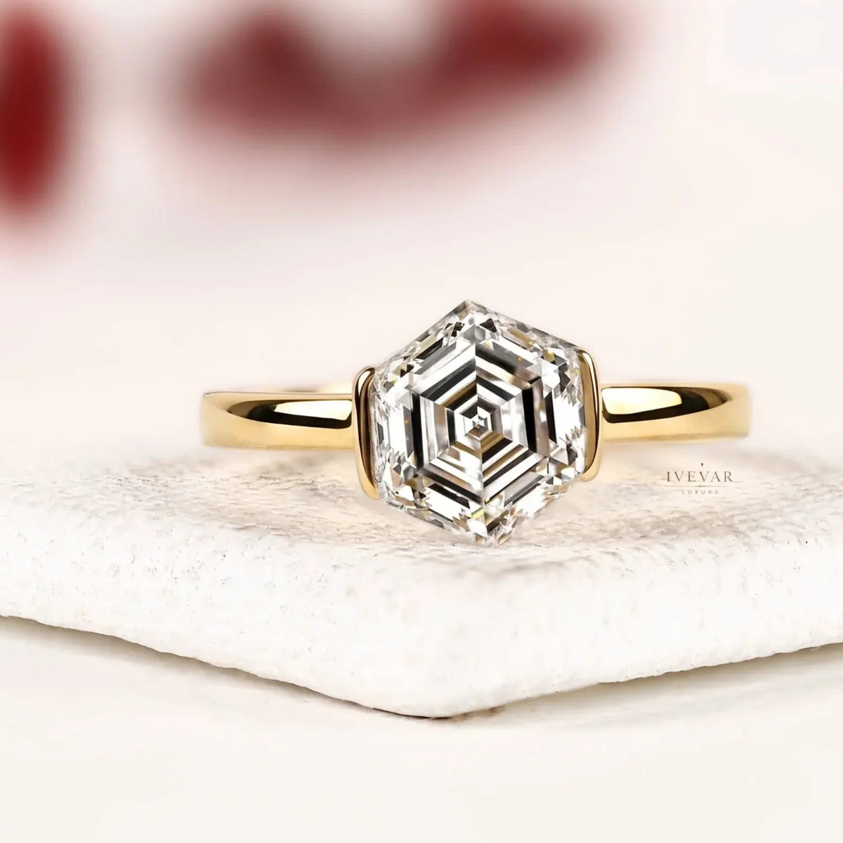 Half Bezel Hexagon Lab Diamond Solitaire Engagement Ring