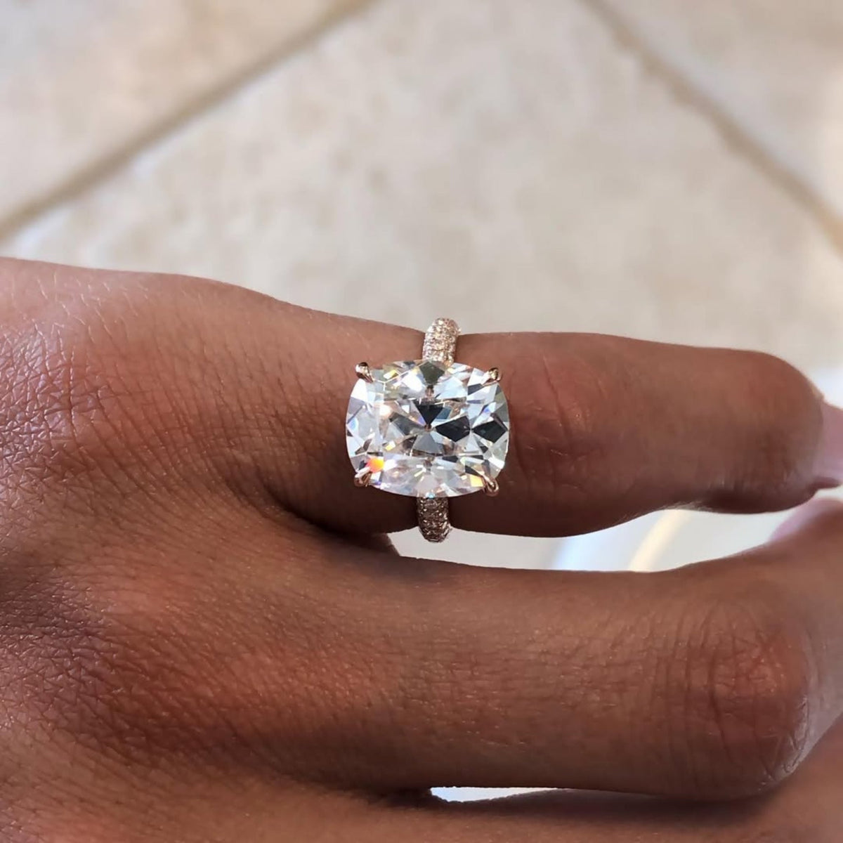 Halo Cushion Cut Moissanite Diamond Pave Engagement Ring - View 3
