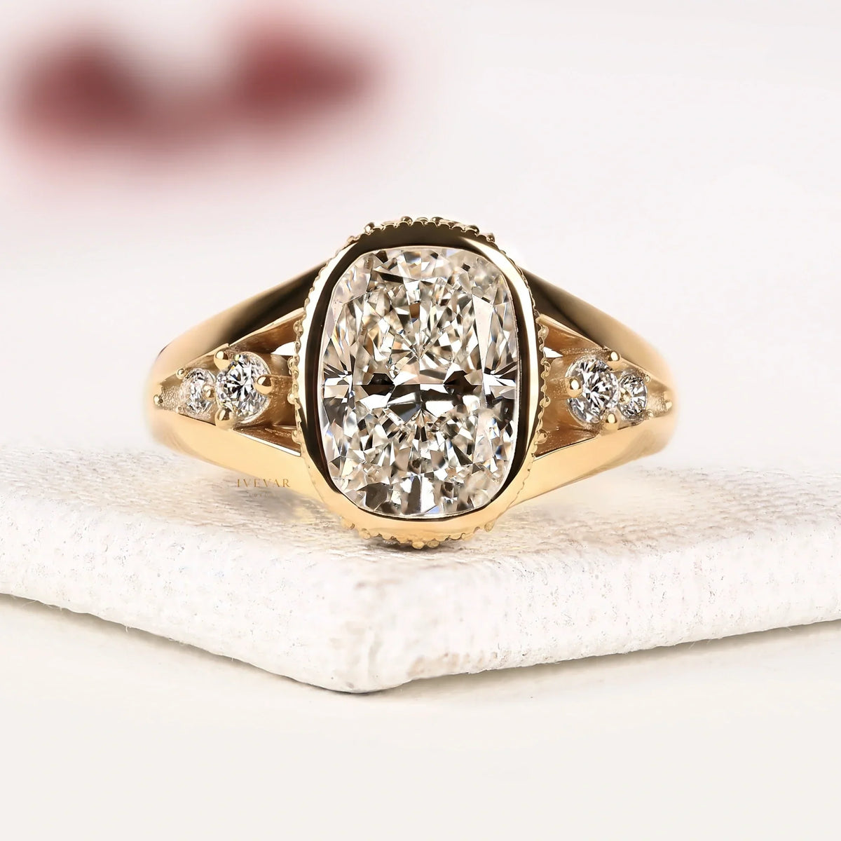 Cushion Cut Bezel Moissanite Diamond Split Shank Ring
