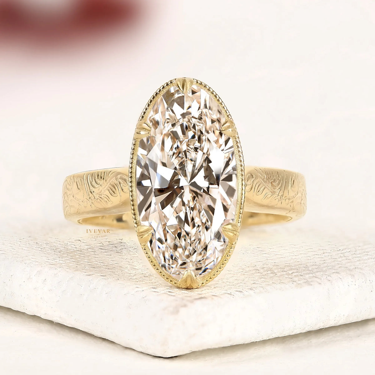vintage oval cut moissanite solitaire diamond ring with engraved band