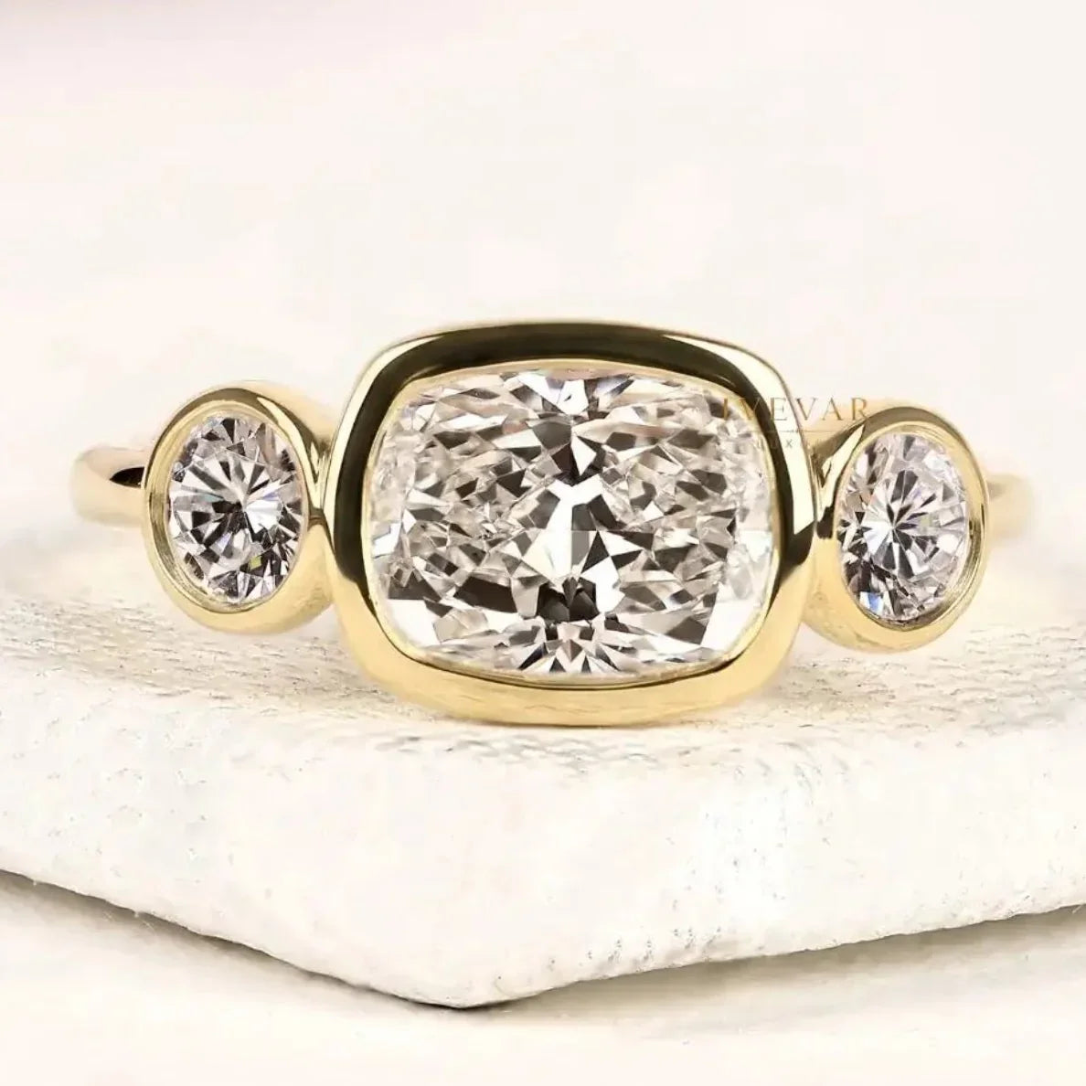 bezel setting three stone cushion lab diamond ring
