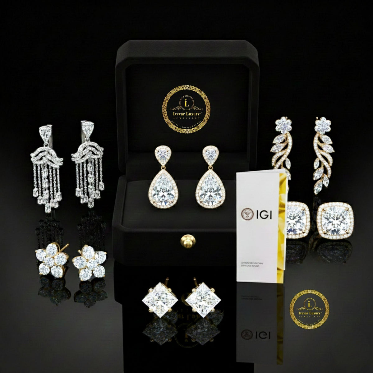 Geometric Square Motif Round Lab Diamond Earrings with Brilliant Center Cluster Design - View 8