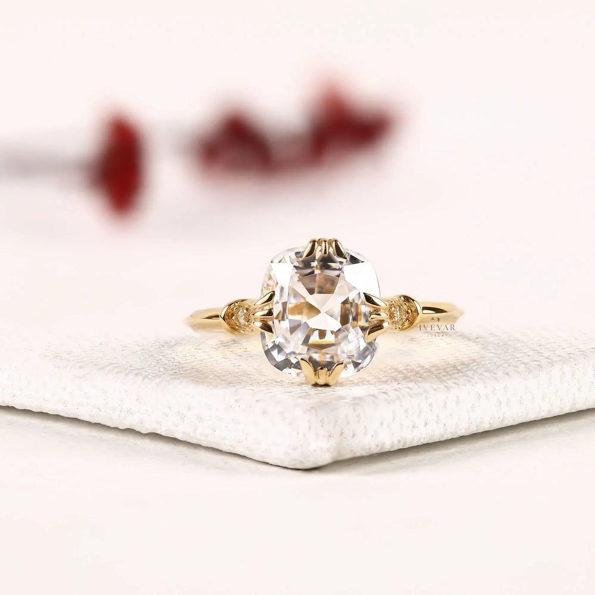 rose cushion moissanite diamond solitaire engagement ring