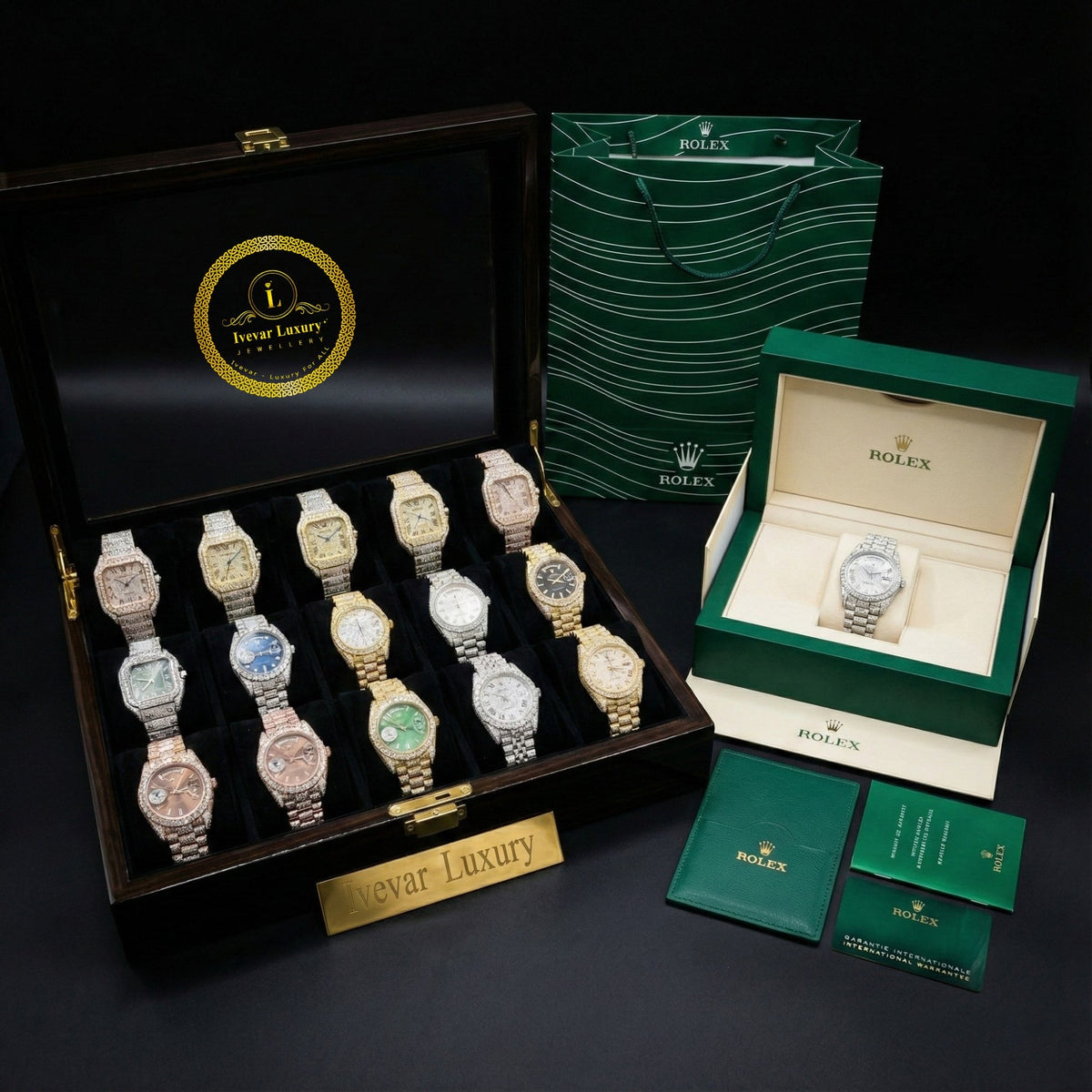 full iced out two-tone moissanite diamond watch with big date & 24-hour dial