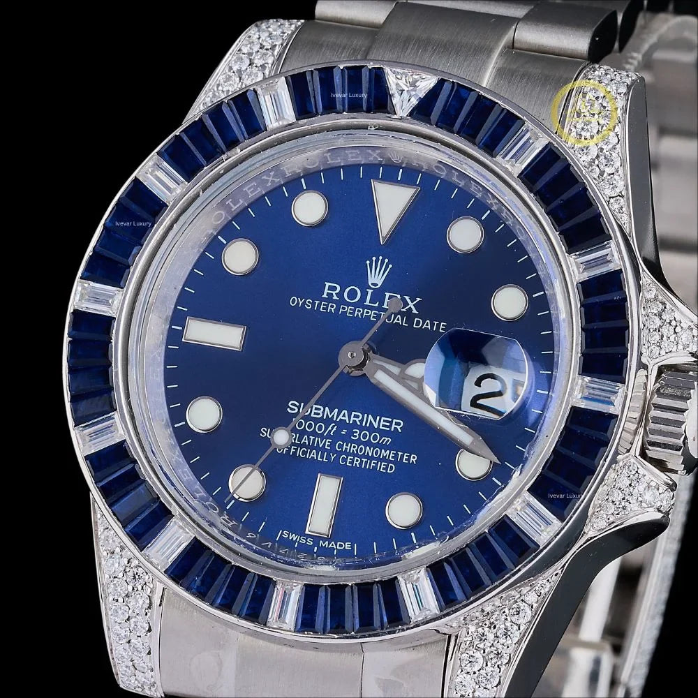 blue sapphire bezel diver watch with blue dial & diamond lugs 3-link bracelet - view 2
