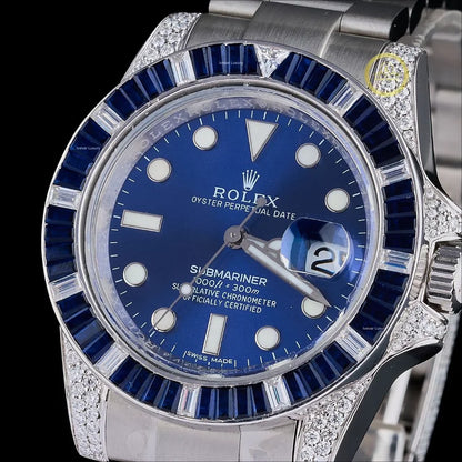 Blue Sapphire Bezel Diver Watch with Blue Dial & Diamond Lugs 3-Link Bracelet - View 2
