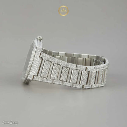Green Sunburst Dial Diamond Bezel Watch with Pave Bracelet White Gold Finish - View 3