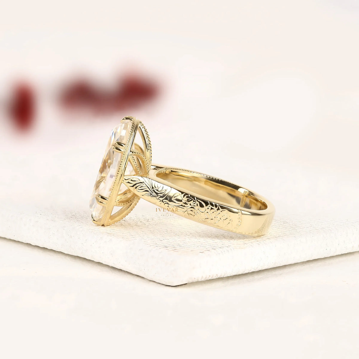 Vintage Oval Cut Moissanite Solitaire Diamond Ring with Engraved Band - View 2