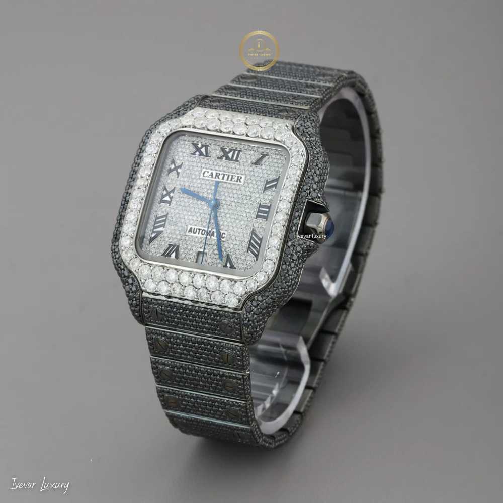 Full Iced Out Black Rhodium Square Watch with Diamond Dial & Roman Numerals - View 2