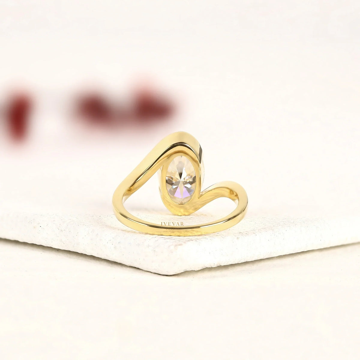 oval cut lab diamond bypass ring with half bezel setting - view 3