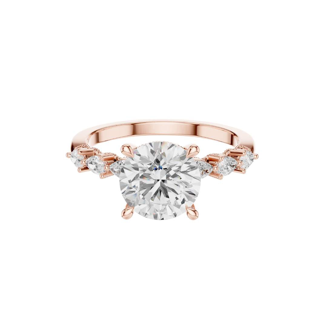 Round Cut Brilliant Moissanite Diamond Ring With Pear Accents Band - View 2