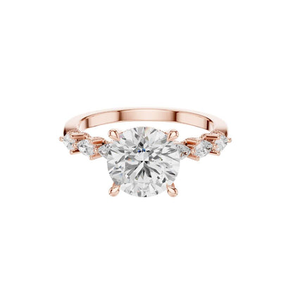 Round Cut Brilliant Moissanite Diamond Ring With Pear Accents Band - View 2