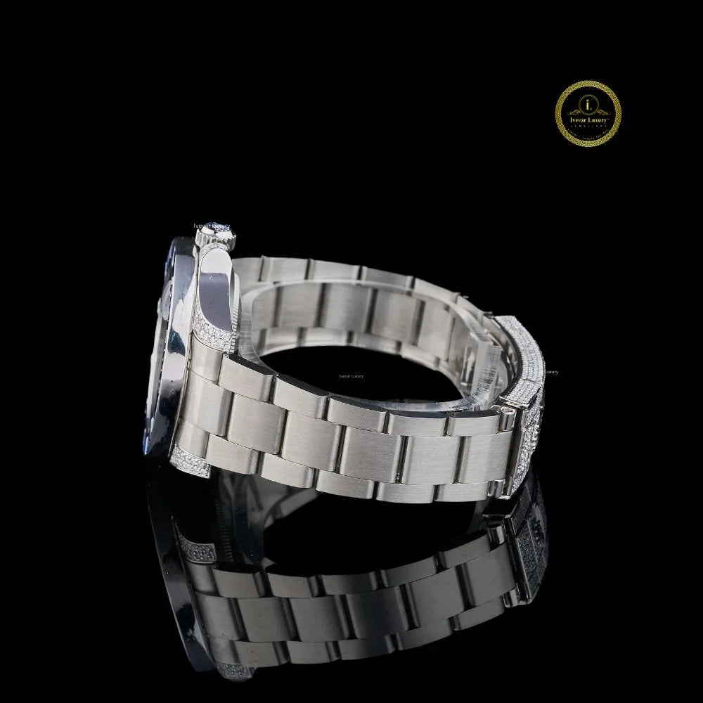 Blue Sapphire Bezel Diver Watch with Blue Dial & Diamond Lugs 3-Link Bracelet - View 3