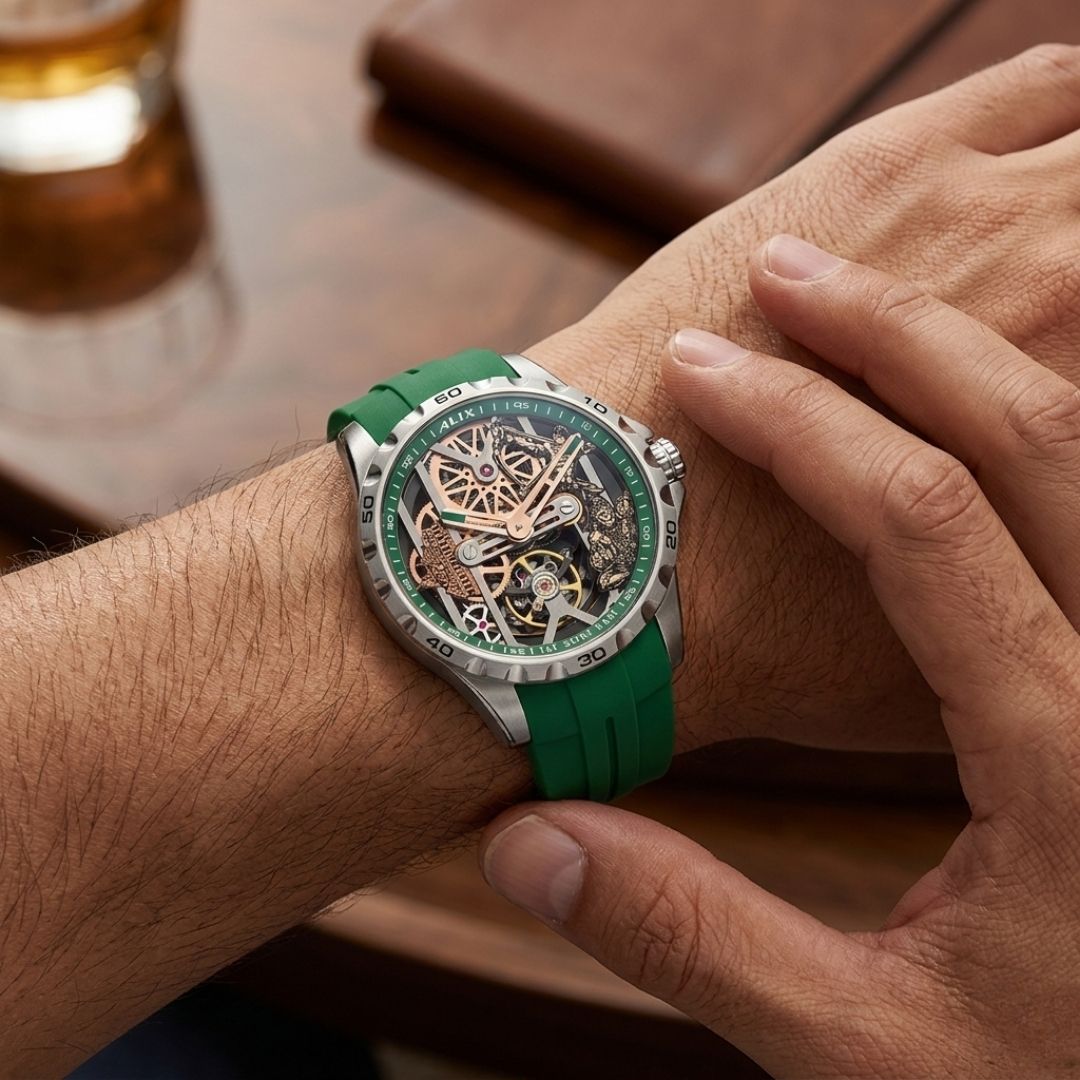 emerald green skeleton automatic watch premium mechanical statement timepiece - view 6