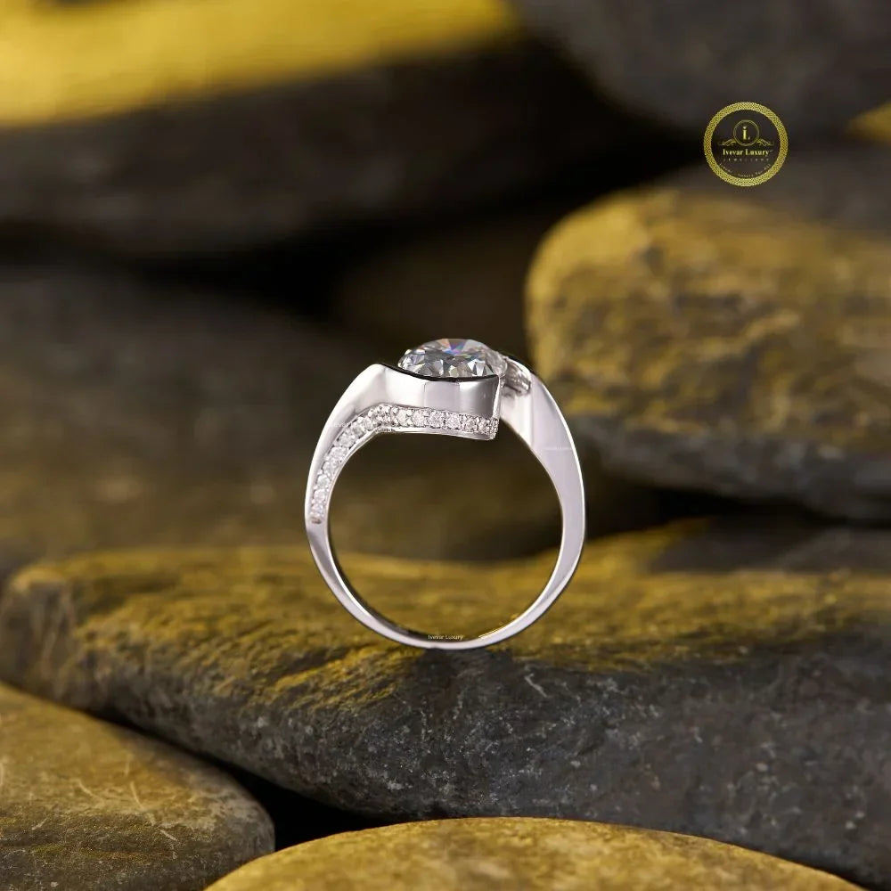 oval bezel half set lab diamond solitaire promise ring - view 3
