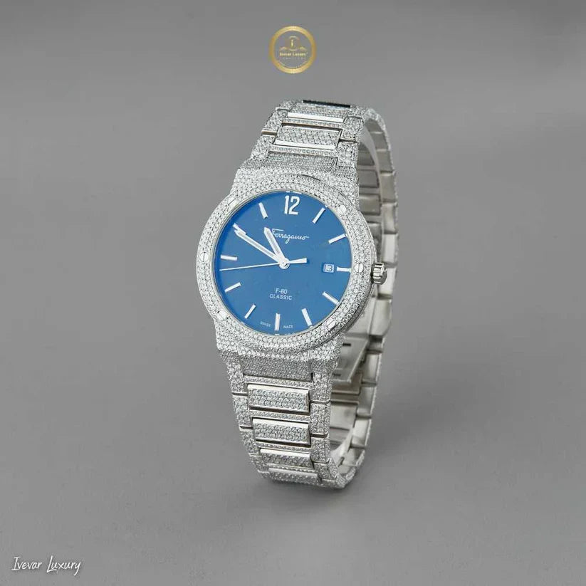 green sunburst dial diamond bezel watch with pave bracelet white gold finish - view 2