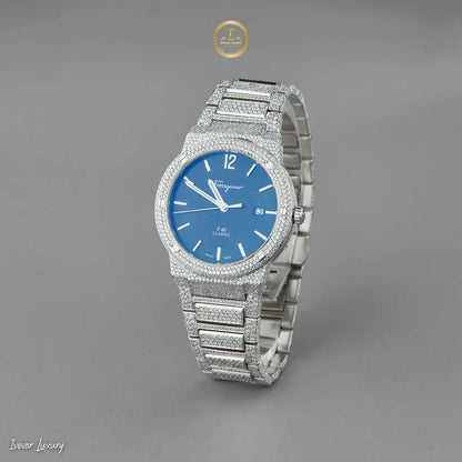 Green Sunburst Dial Diamond Bezel Watch with Pave Bracelet White Gold Finish - View 2