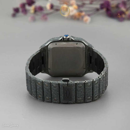 Full Iced Out Black Rhodium Square Watch with Diamond Dial & Roman Numerals - View 4