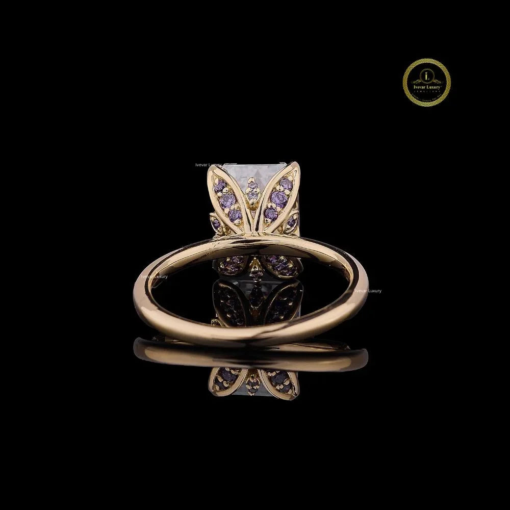 solitaire emerald lab diamond cathedral engagement ring - view 4