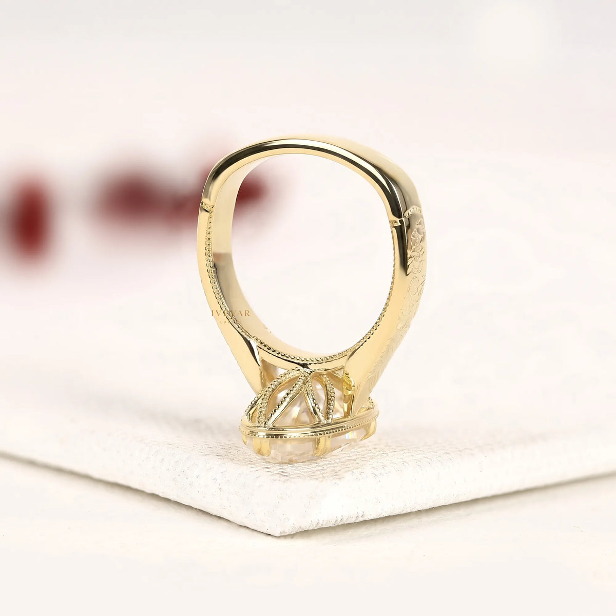 Vintage Oval Cut Moissanite Solitaire Diamond Ring with Engraved Band - View 4