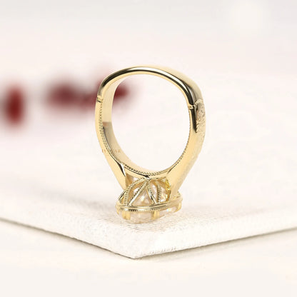 Vintage Oval Cut Moissanite Solitaire Diamond Ring with Engraved Band - View 4