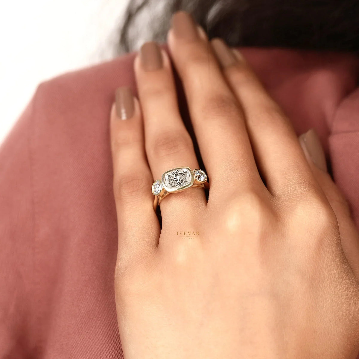 Bezel Setting Three Stone Cushion Lab Diamond Ring - View 5