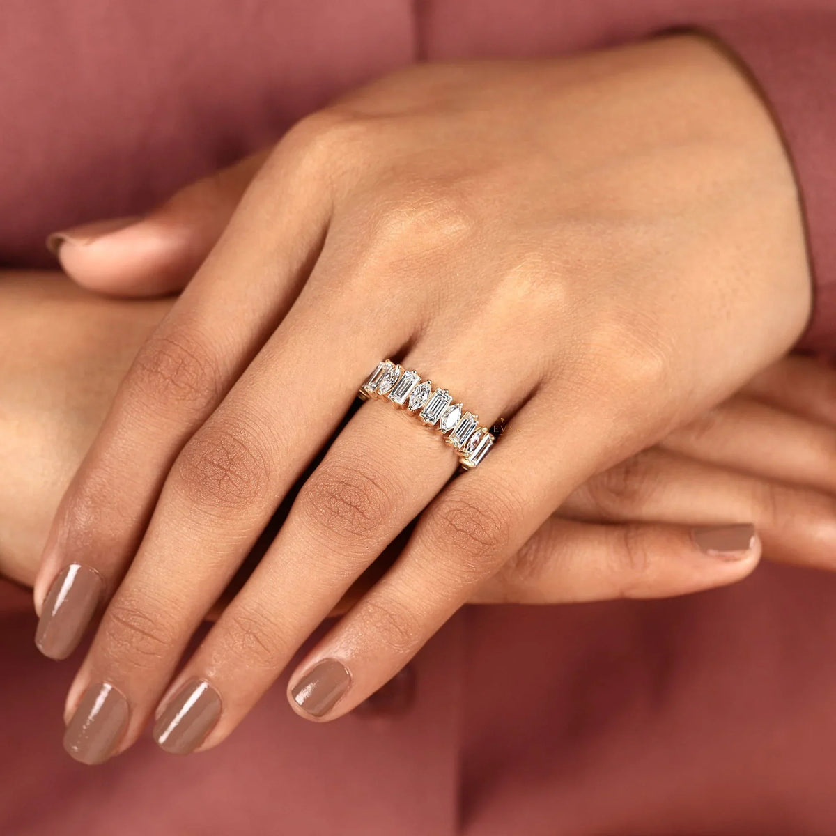 baguette & marquise cut moissanite alternating eternity wedding band - view 5
