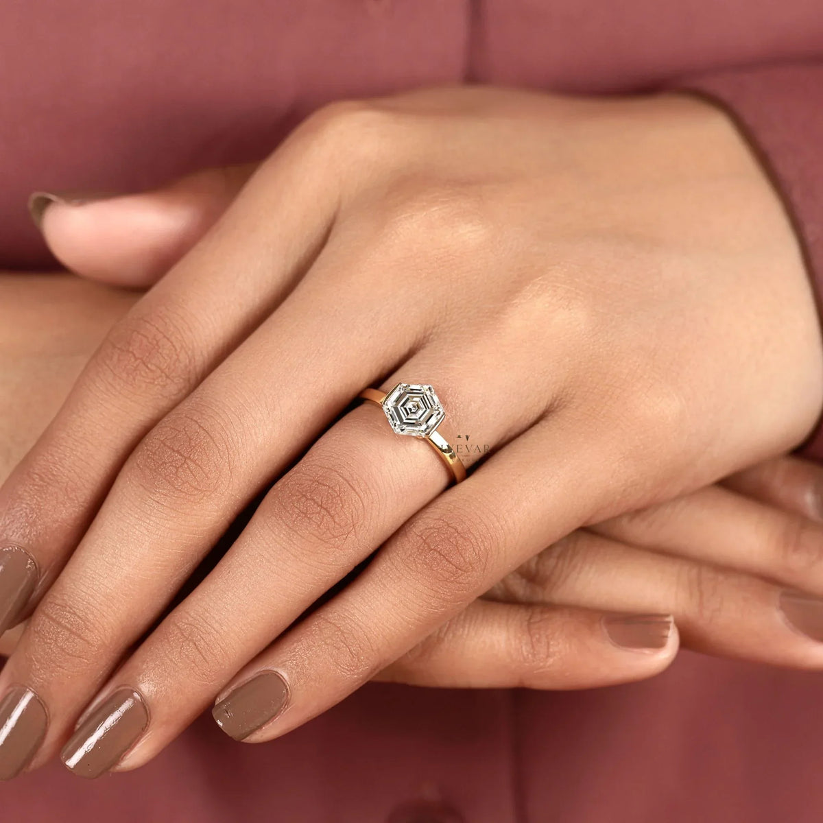 half bezel hexagon lab diamond solitaire engagement ring - view 5