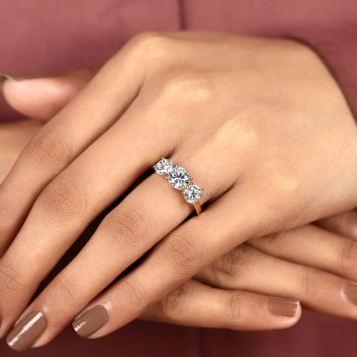 three stone round cut lab diamond engagement ring - view 5