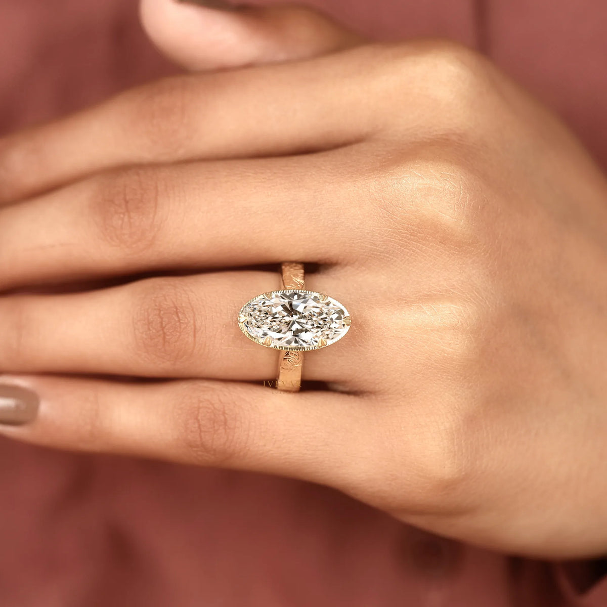 vintage oval cut moissanite solitaire diamond ring with engraved band - view 5