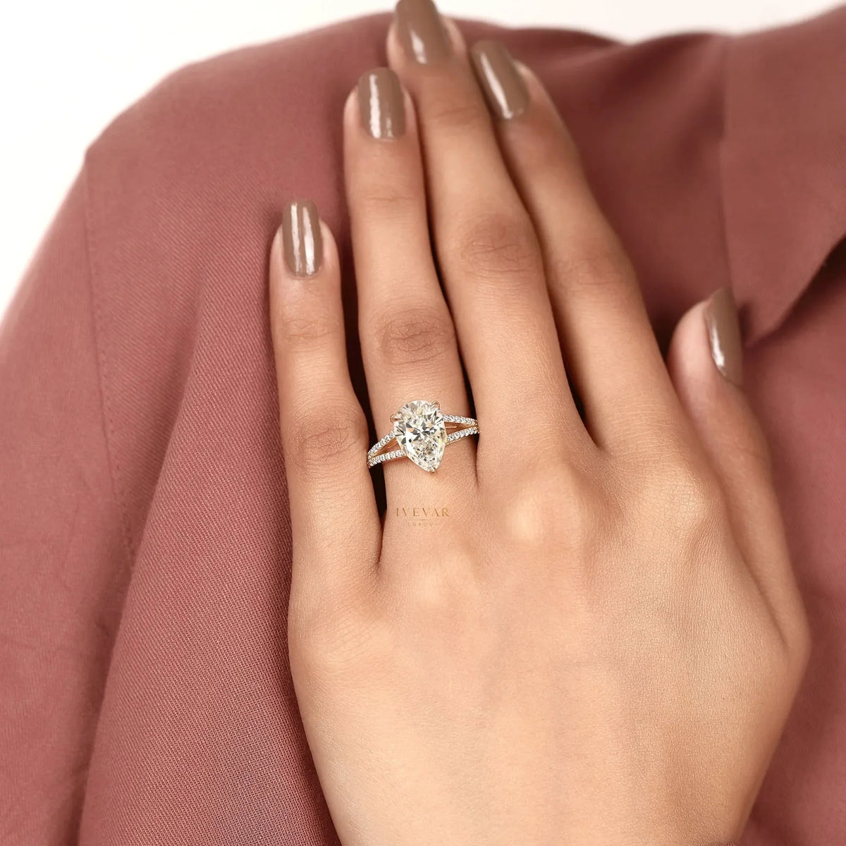 Pear Cut Lab Split Pave Shank Engagement Ring - View 6