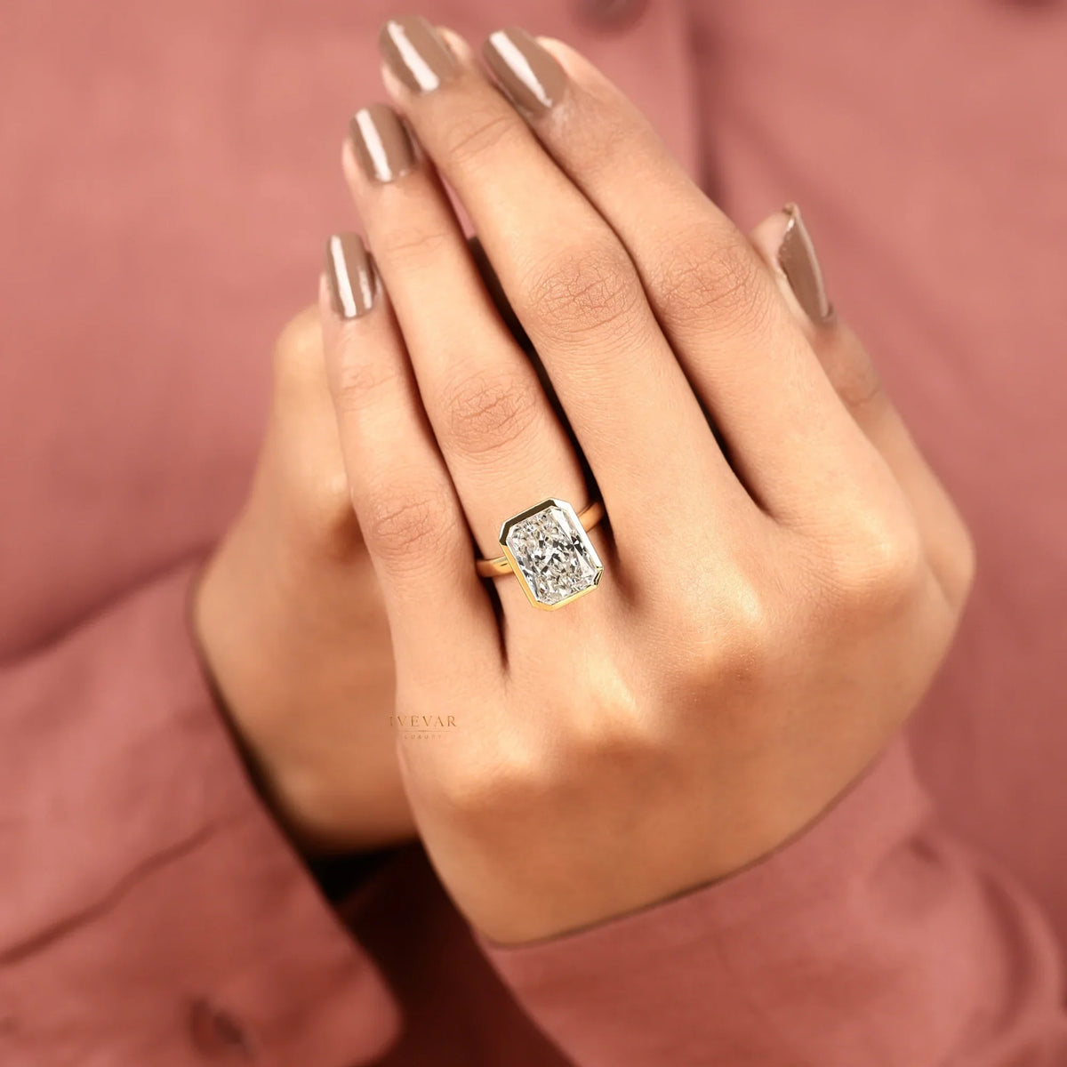 radiant cut lab diamond bezel set solitaire ring - view 6