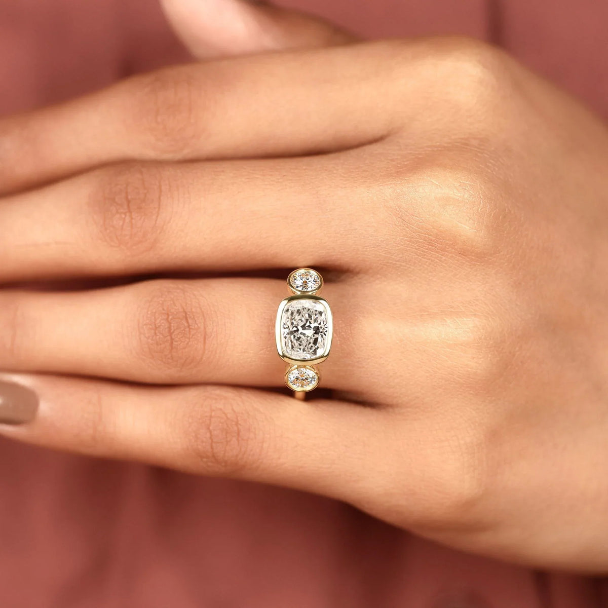 bezel setting three stone cushion lab diamond ring - view 6