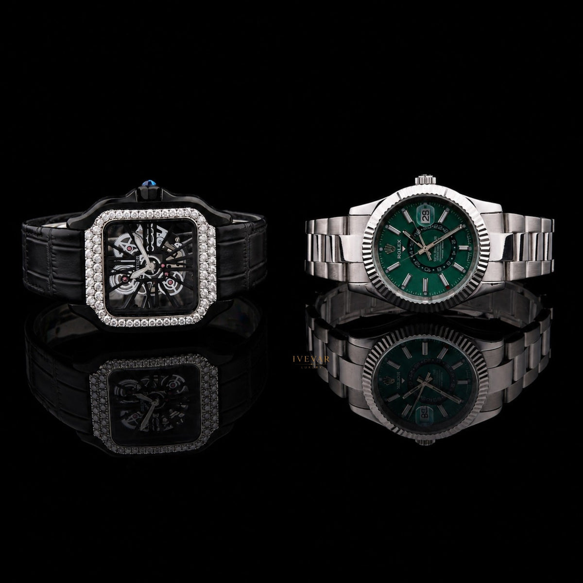 ivevar elite timepiece duo diamond skeleton watch and emerald green luxury watch collection