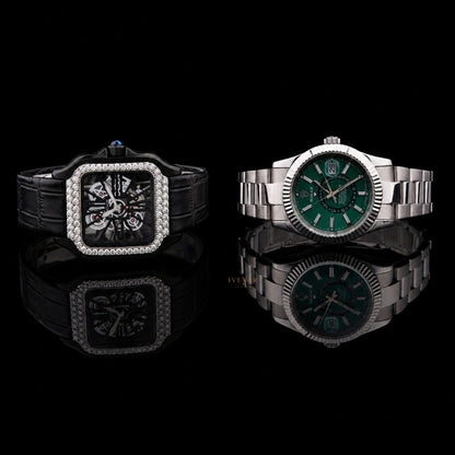 Ivevar Elite Timepiece Duo Diamond Skeleton Watch And Emerald Green Luxury Watch Collection