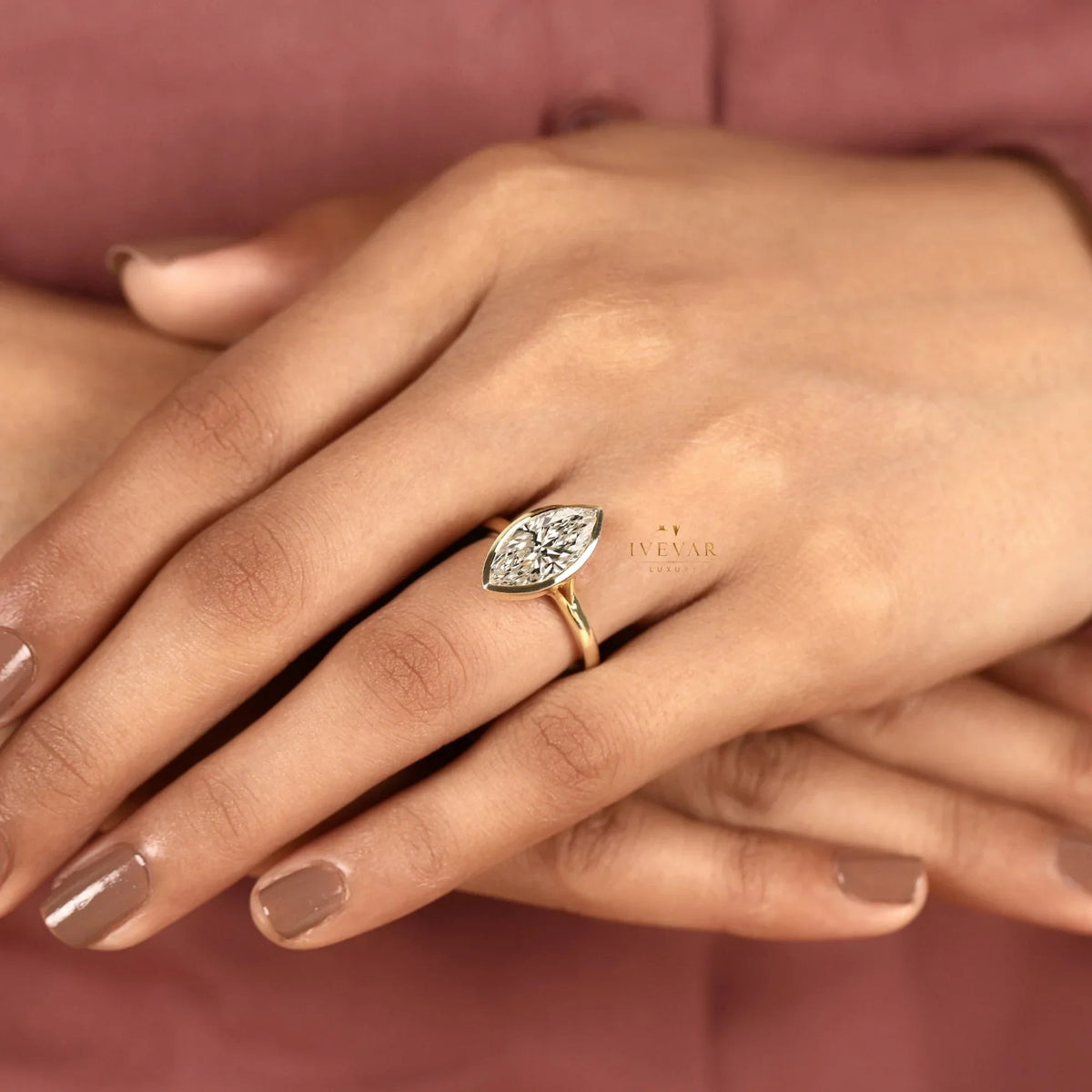 bezel set marquise cut lab split shank engagement ring - view 6