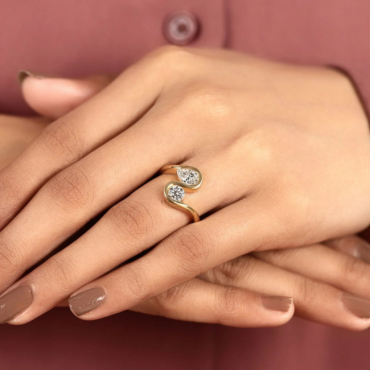 Toi et Moi Round with Pear Moissanite Diamond Engagement Ring - View 6