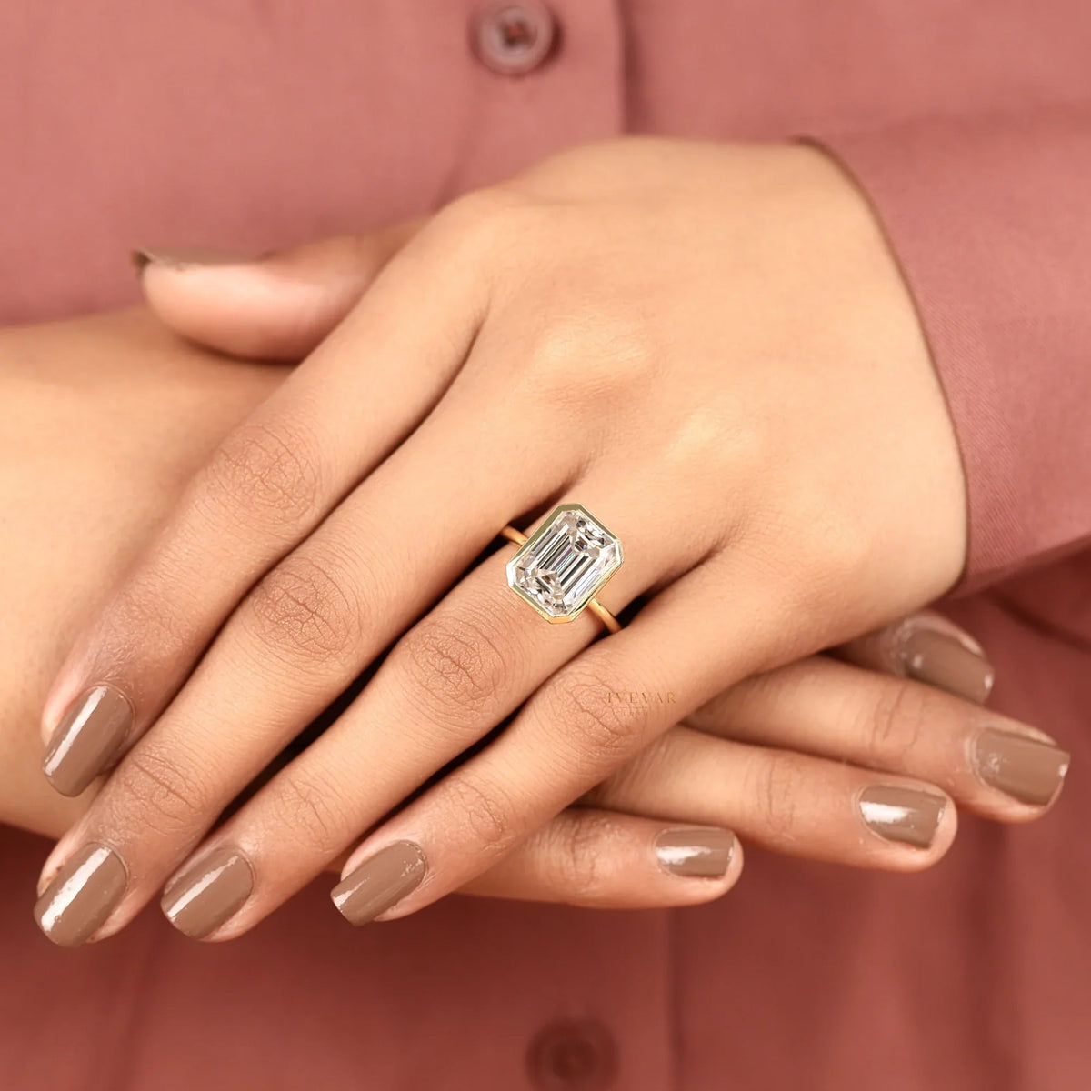 emerald cut lab diamond bezel set solitaire ring - view 6