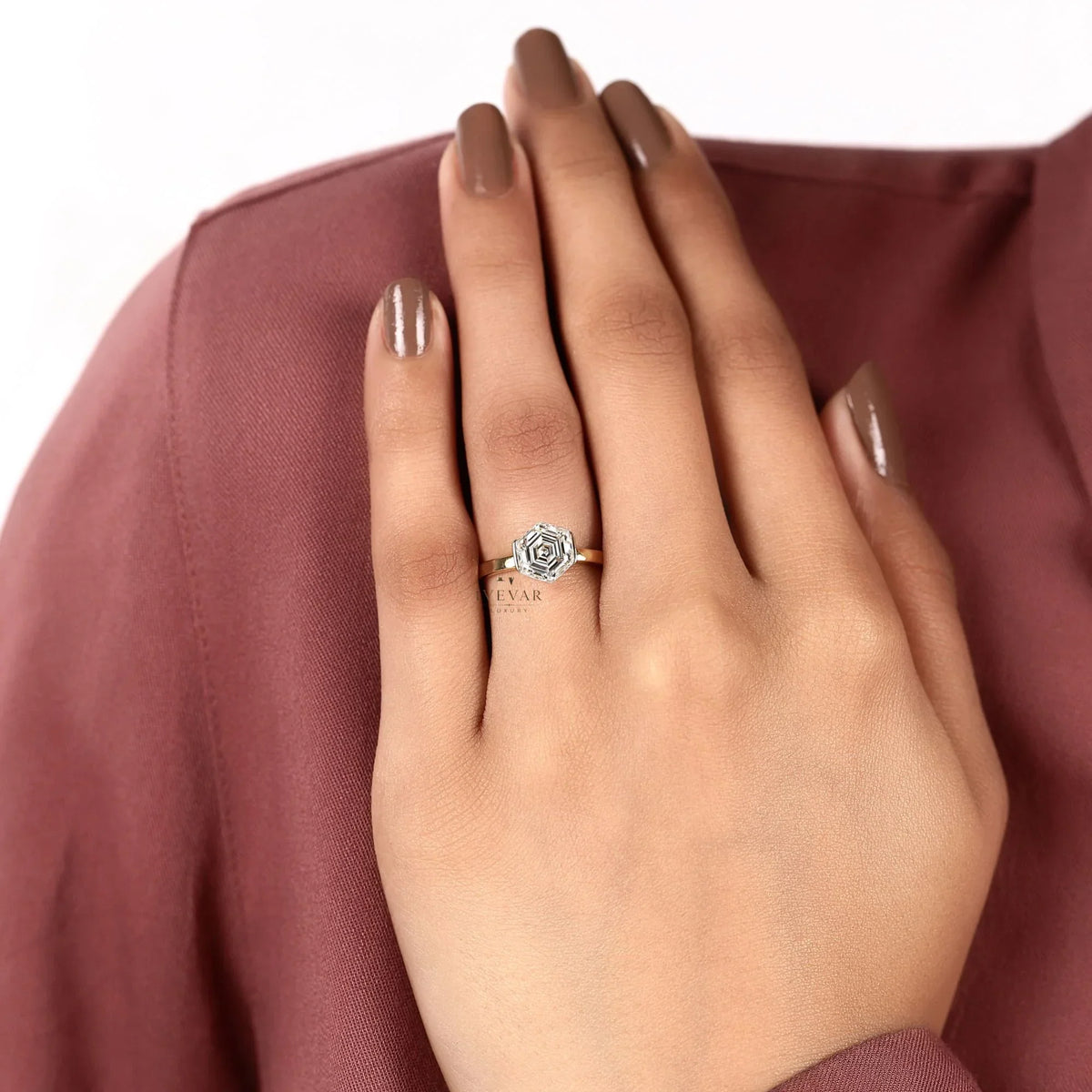 half bezel hexagon lab diamond solitaire engagement ring - view 6