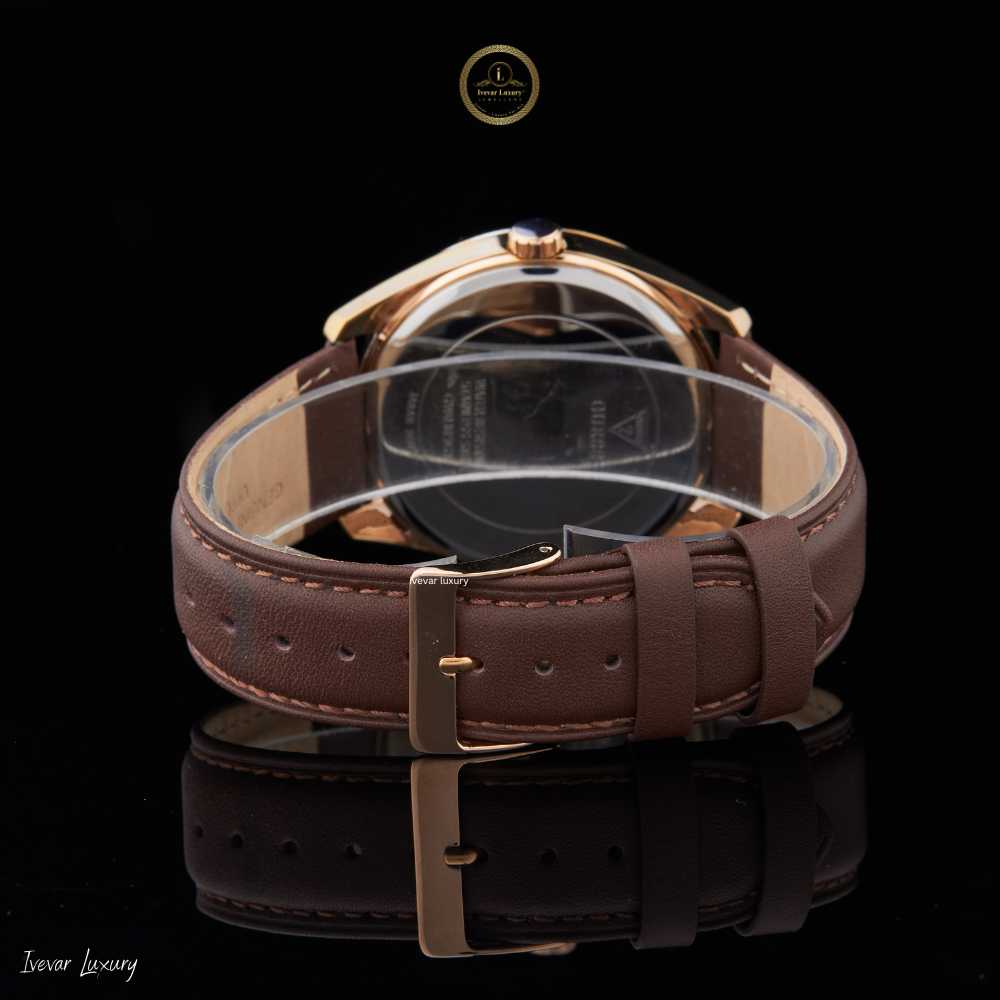 Round Diamond Bezel Multi-Function Brown Leather Wrist Watch - View 4