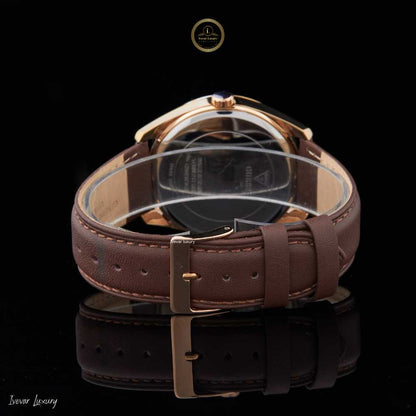 Round Diamond Bezel Multi-Function Brown Leather Wrist Watch - View 4