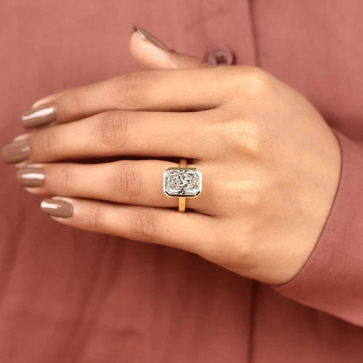 radiant cut lab diamond bezel set solitaire ring - view 7