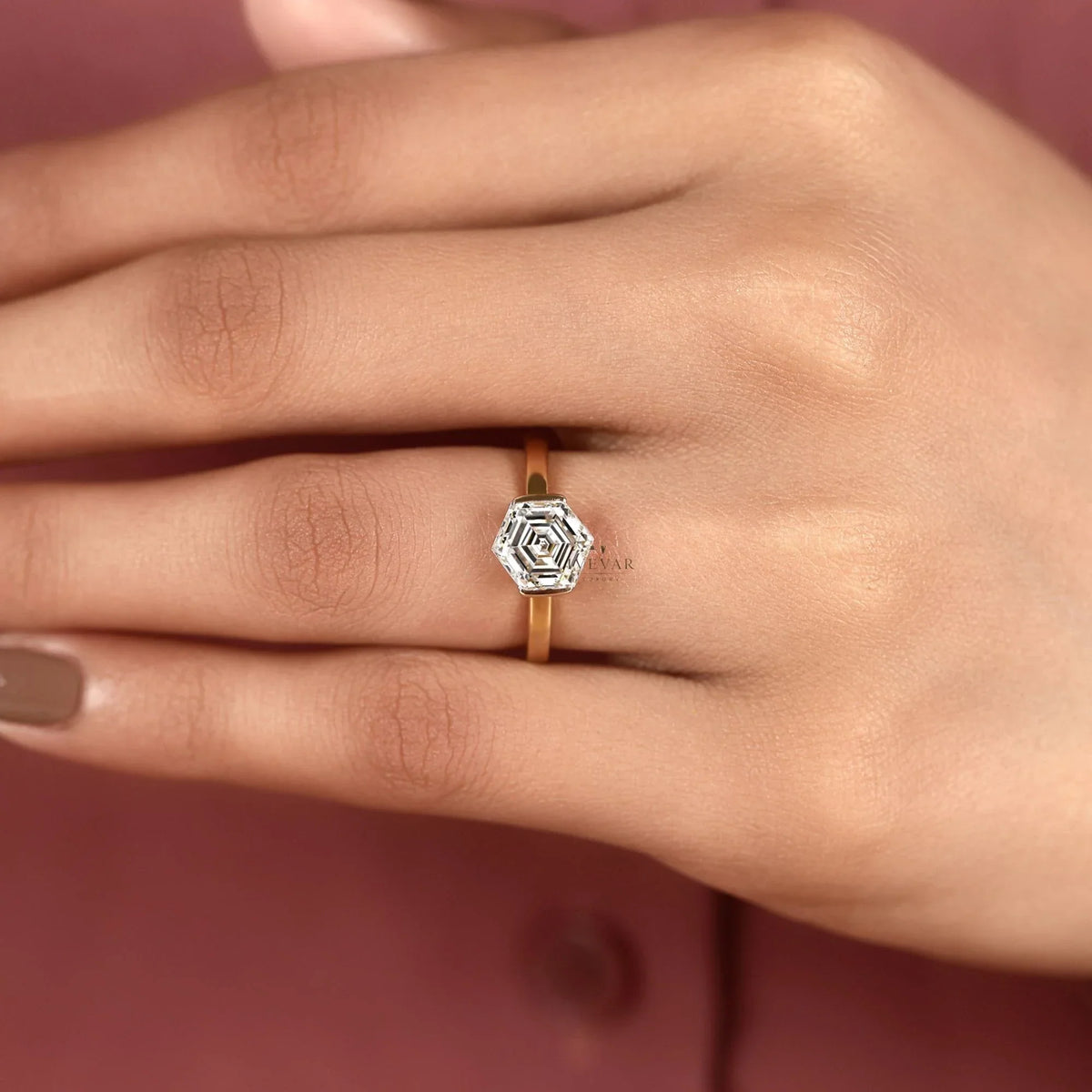 half bezel hexagon lab diamond solitaire engagement ring - view 7